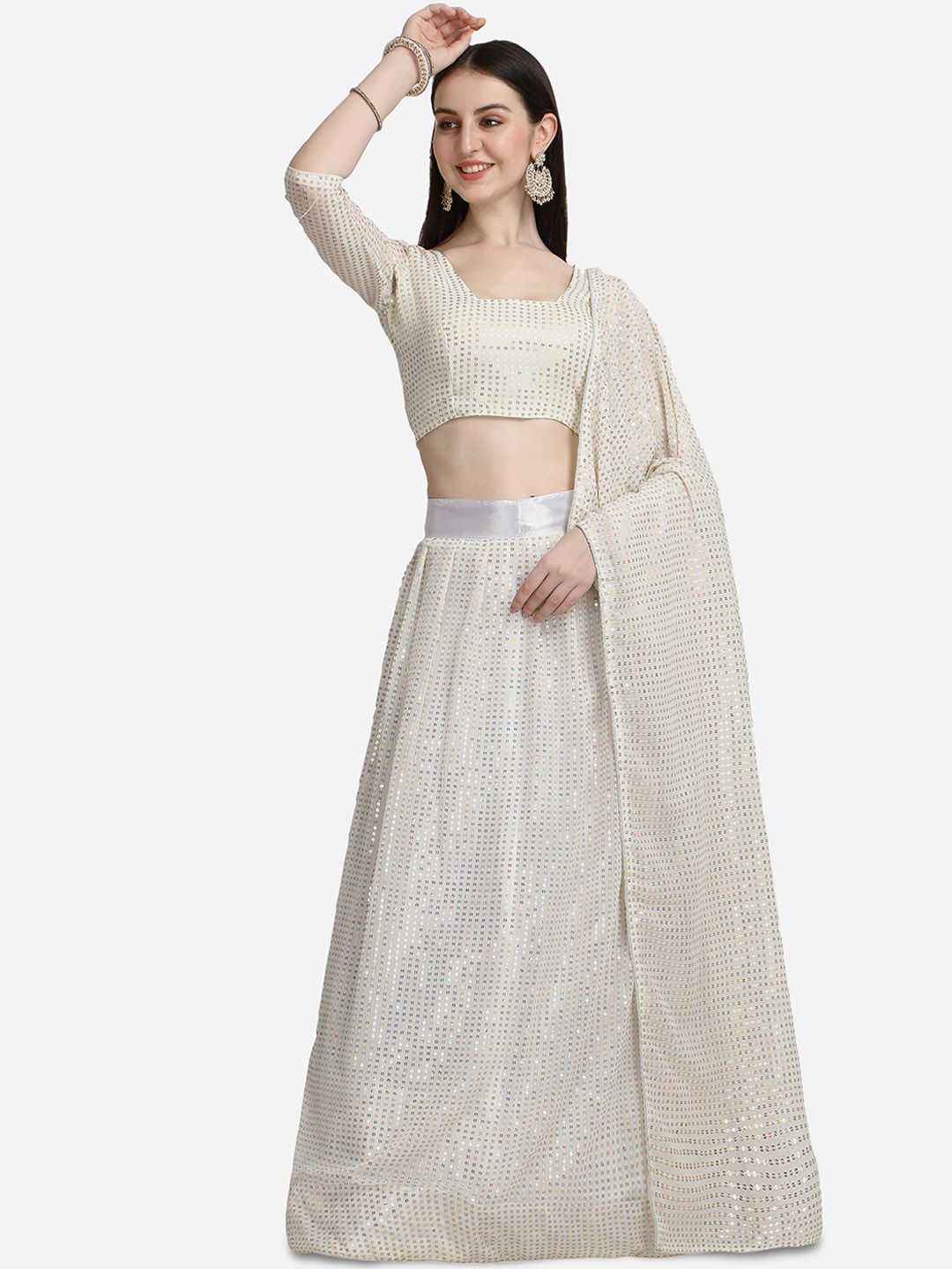 Pratham Blue Women White Sequinned Embellished Semi Stitched Lehenga Choli Price in India