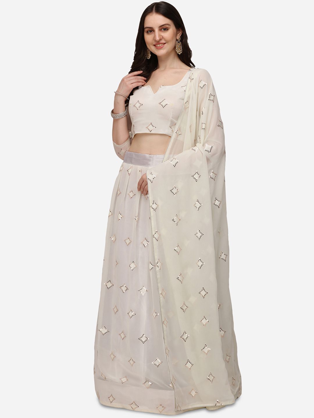 Pratham Blue White Embroidered Sequinned Semi-Stitched Lehenga & Unstitched Blouse With Dupatta Price in India