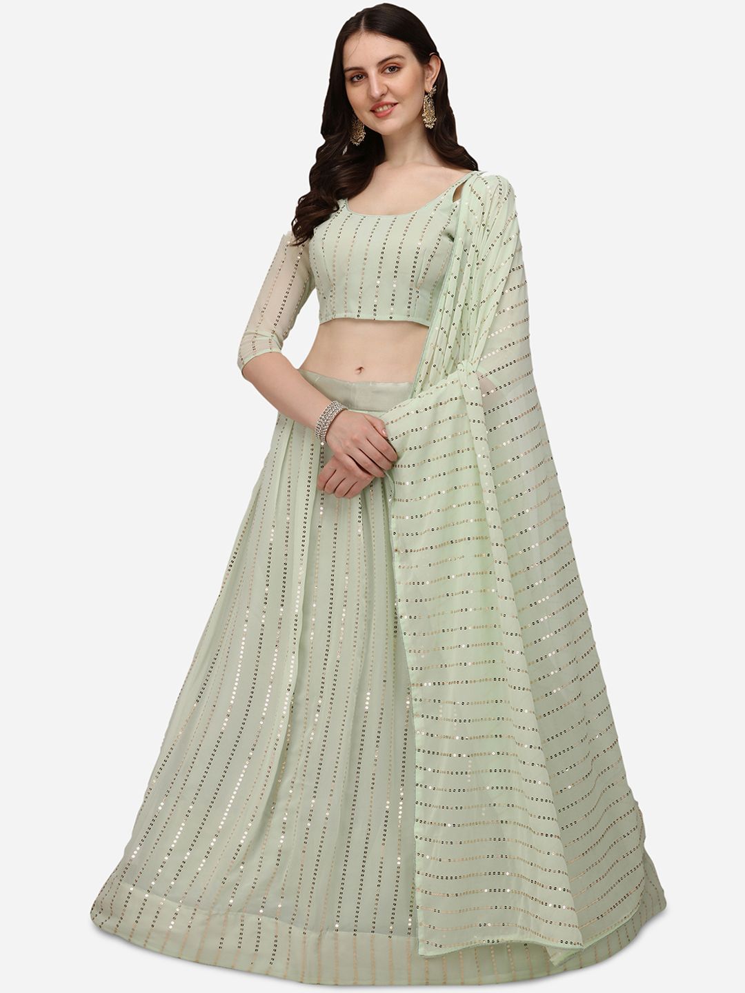 Pratham Blue Green & Silver-Toned Embellished Sequinned Semi-Stitched Lehenga & Unstitched Blouse With Price in India