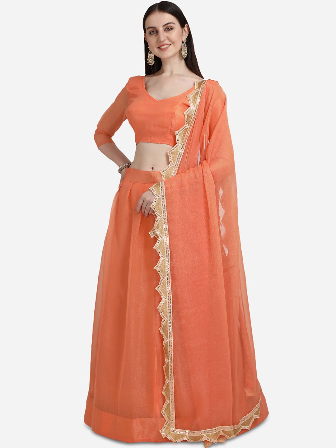 Pratham Blue Women Orange Solid Semi Stitched Lehenga Choli Price in India
