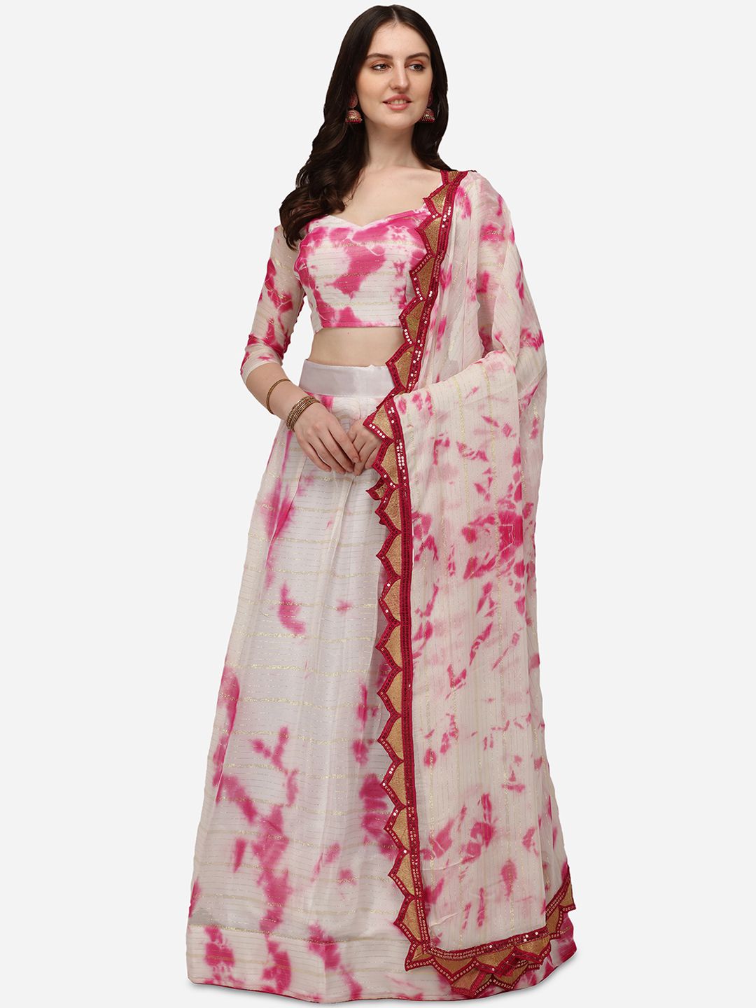 Pratham Blue White & Pink Dyed Semi-Stitched Lehenga & Unstitched Blouse With Dupatta Price in India
