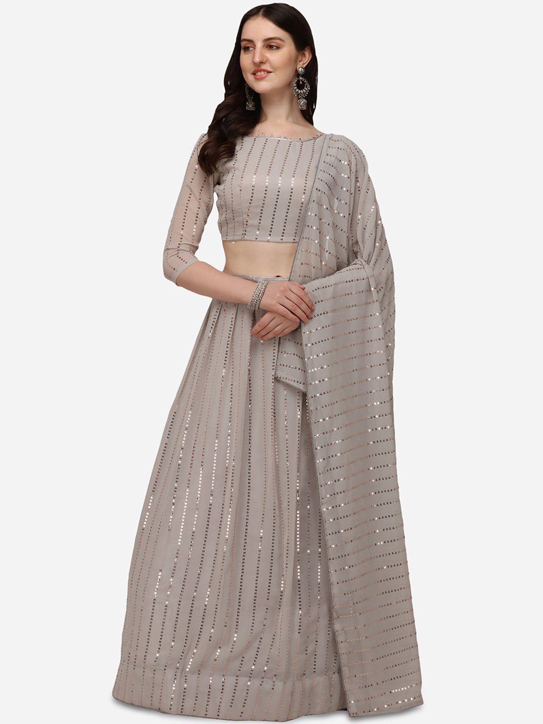 Pratham Blue Grey Embellished Sequinned Semi-Stitched Lehenga & Unstitched Blouse With Dupatta Price in India