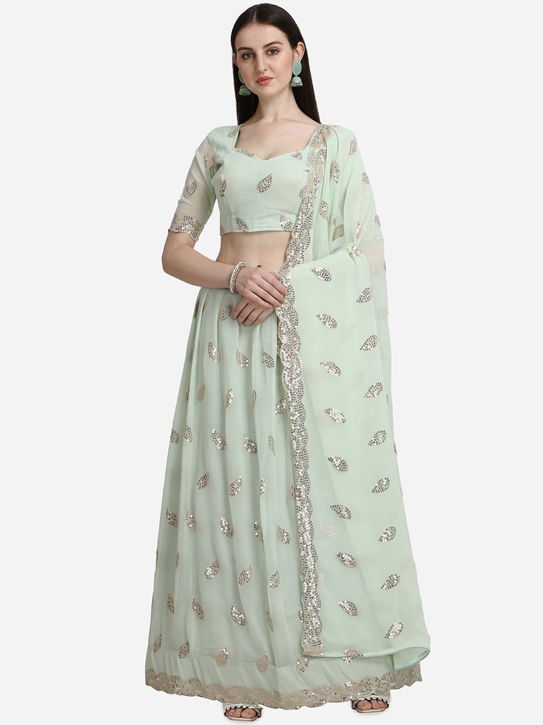 Pratham Blue Green Embellished Semi-Stitched Lehenga & Unstitched Blouse With Dupatta Price in India