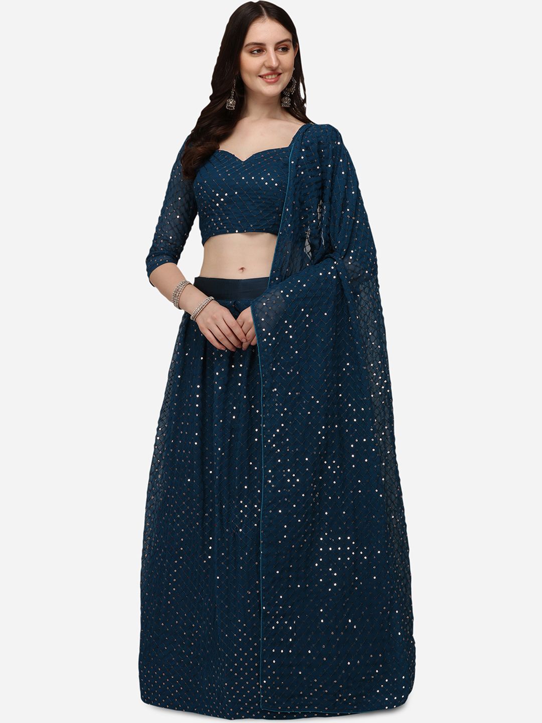 Pratham Blue Teal Blue Embroidered Sequinned Semi-Stitched Lehenga Choli Set Price in India
