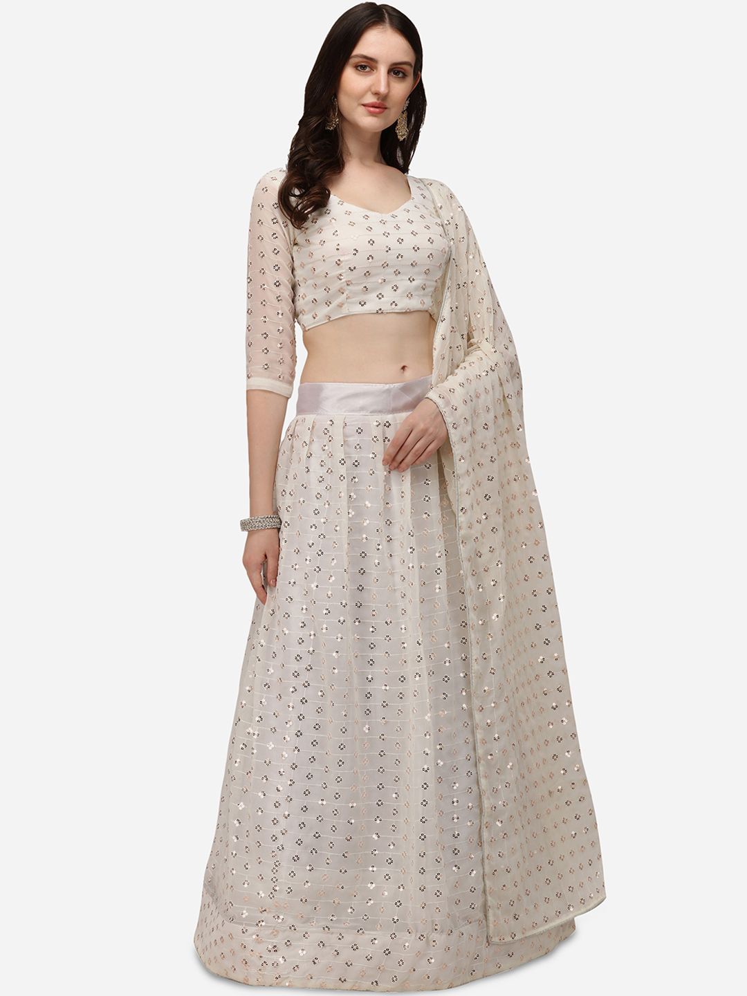 Pratham Blue Women White Sequinned Embellished Semi Stitched Lehenga Choli Price in India