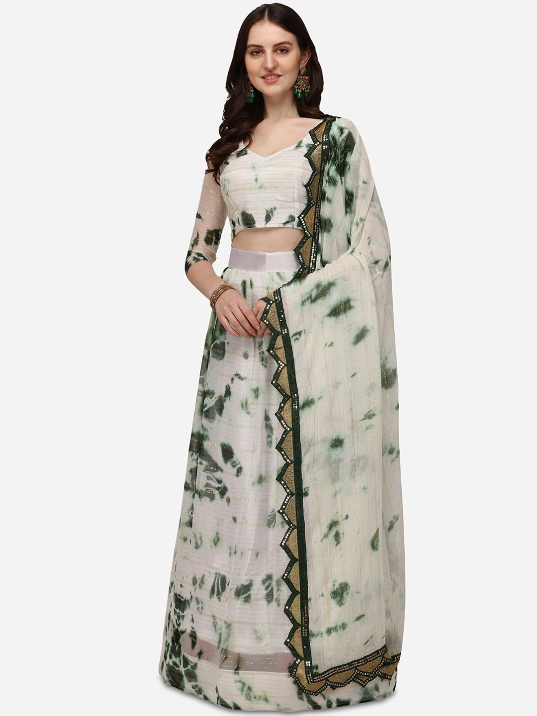 Pratham Blue White & Green Printed Semi-Stitched Lehenga & Unstitched Blouse With Dupatta Price in India