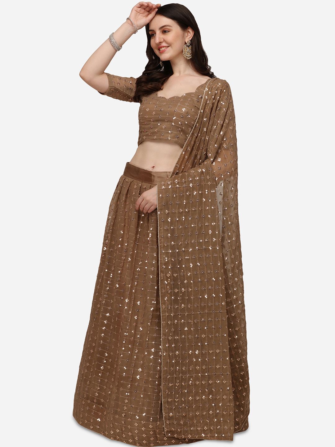 Pratham Blue Beige Embellished Sequinned Semi-Stitched Lehenga & Unstitched Blouse With Dupatta Price in India