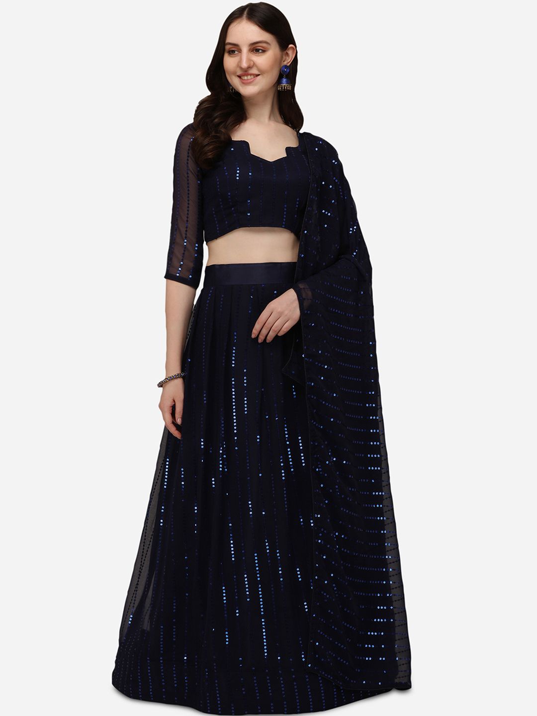 Pratham Blue Embellished Sequinned Semi-Stitched Lehenga & Unstitched Blouse With Dupatta Price in India