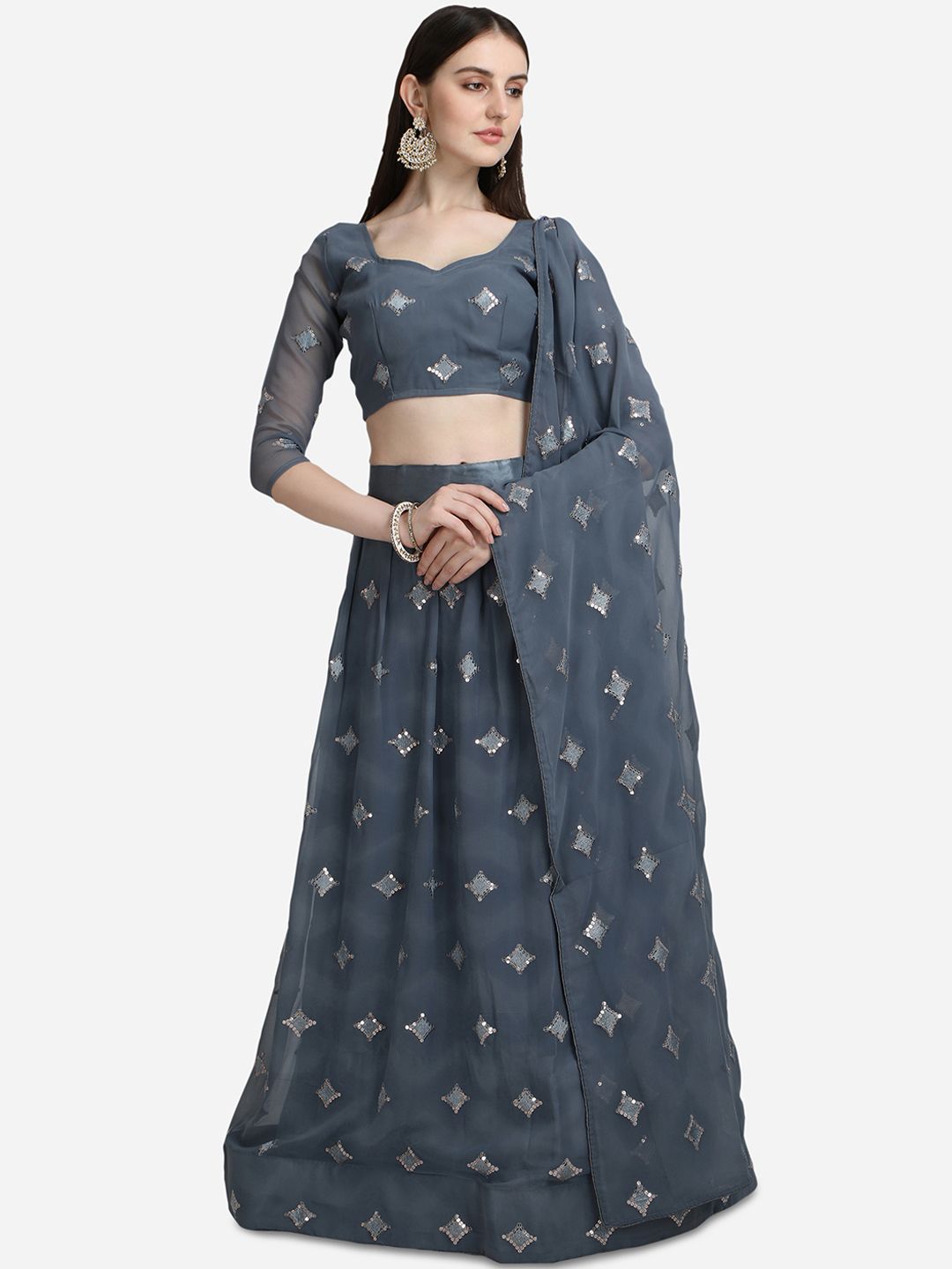Pratham Blue Grey Embroidered Sequinned Semi-Stitched Lehenga & Unstitched Blouse With Dupatta Price in India