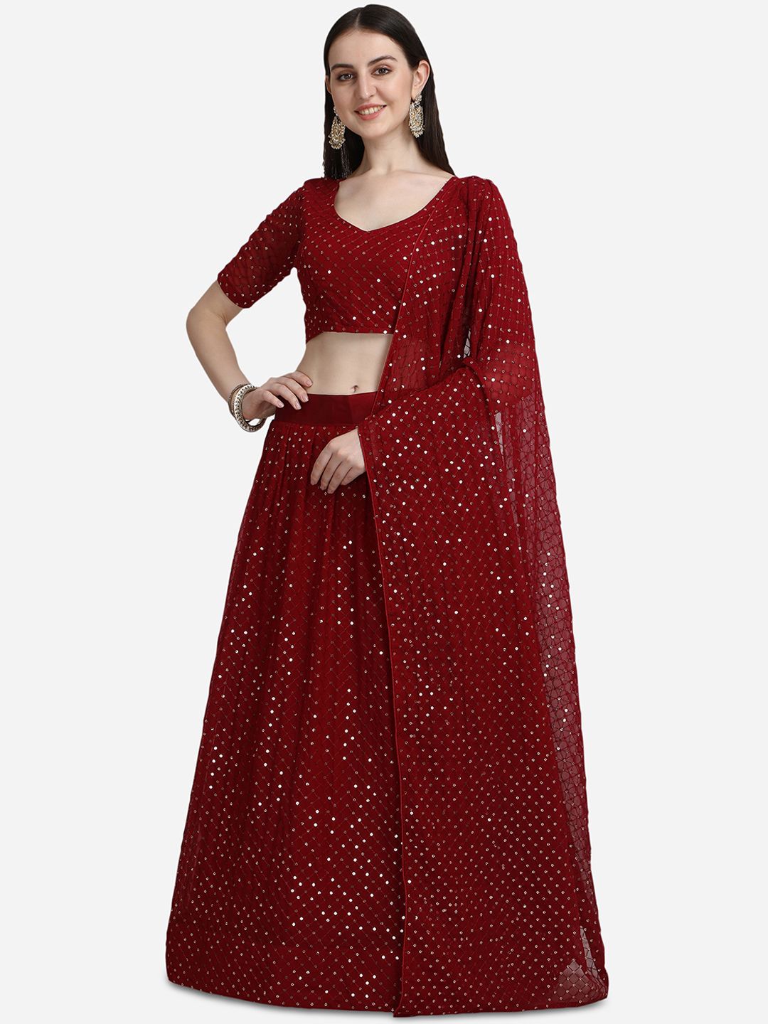 Pratham Blue Maroon Embellished Sequinned Semi-Stitched Lehenga & Unstitched Blouse With Dupatta Price in India