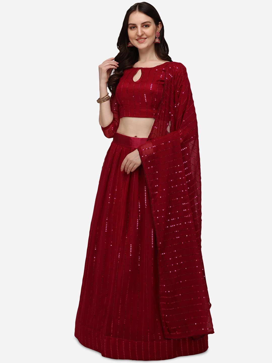 Pratham Blue Red Embellished Sequinned Semi-Stitched Lehenga & Unstitched Blouse With Dupatta Price in India