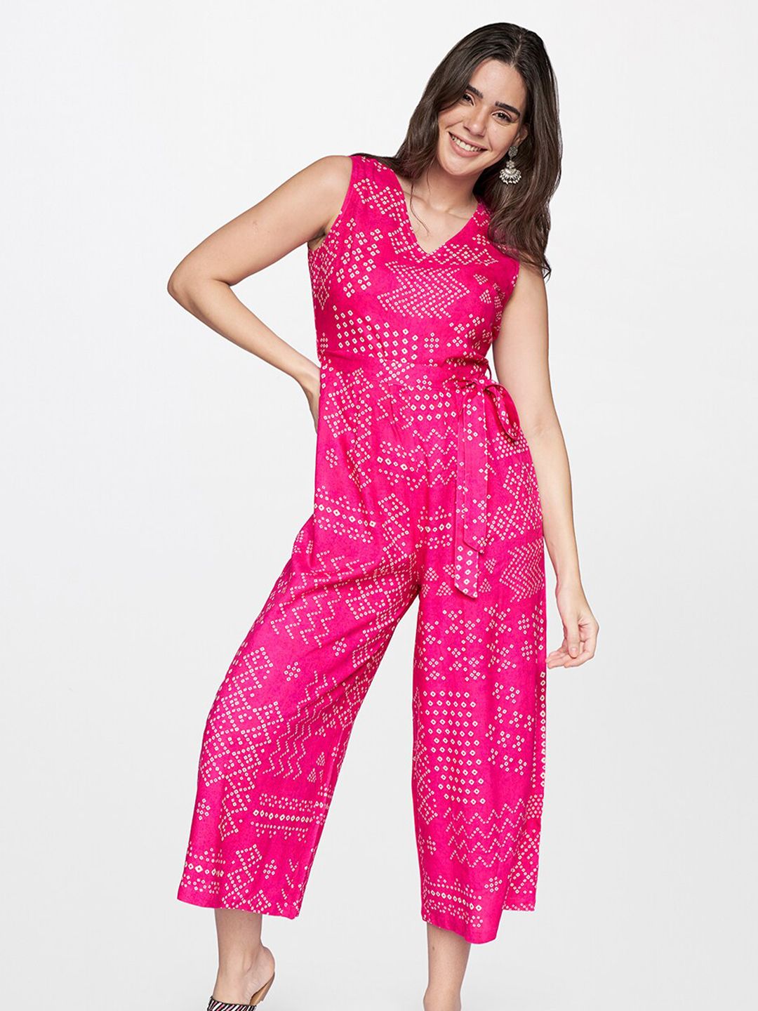 itse Pink & White Printed Capri Jumpsuit Price in India