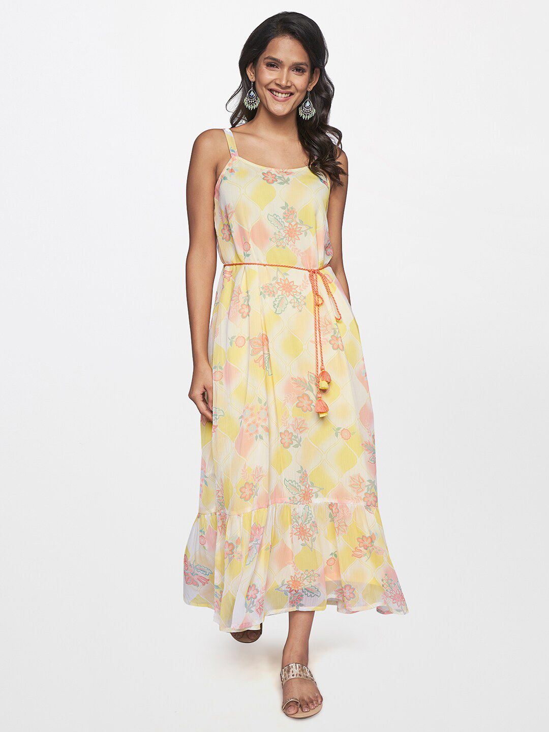 itse Yellow & Peach-Coloured Floral Maxi Dress Price in India