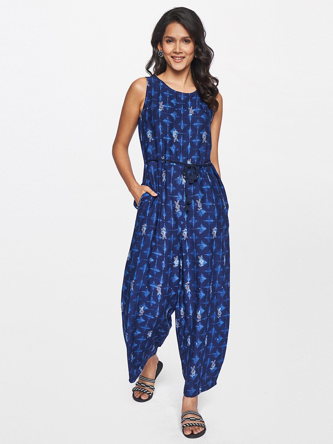 itse Navy Blue & White Printed Basic Jumpsuit Price in India