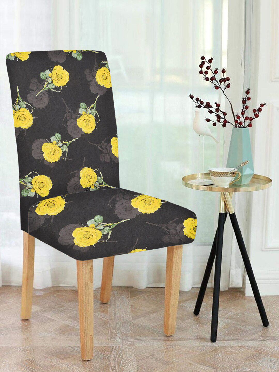 MULTITEX Black & Yellow Floral Printed Chair Cover Pack Of 1 Price in India
