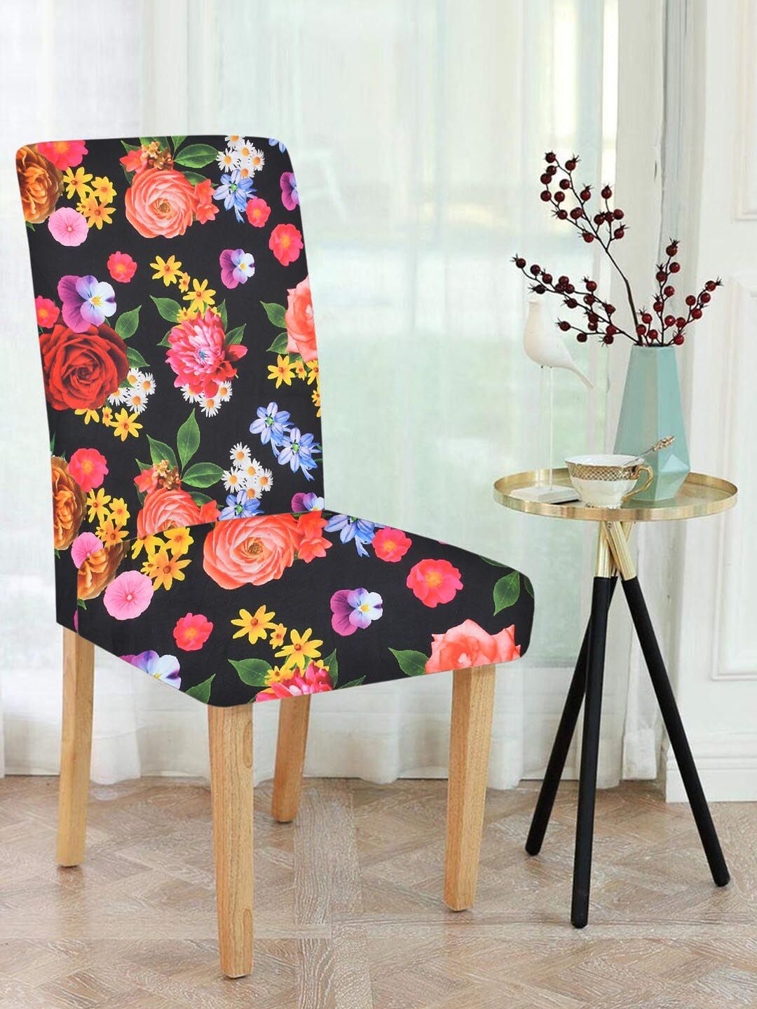 MULTITEX Set Of 4 Black & Pink Printed Chair Covers Price in India