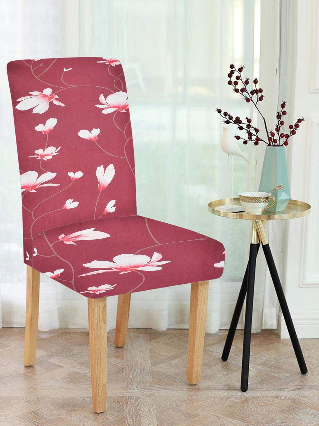 MULTITEX Set Of 4 Maroon & White Printed Chair Cover Price in India