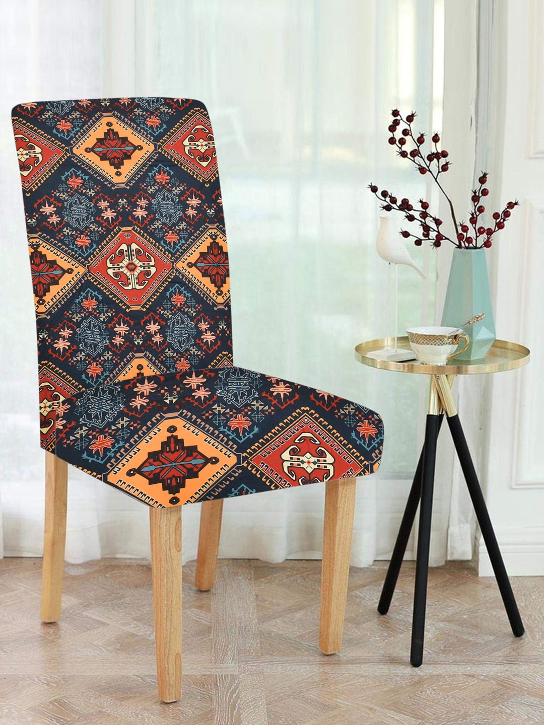 MULTITEX Set Of 6 Orange & Navy Blue Printed Chair Cover Price in India