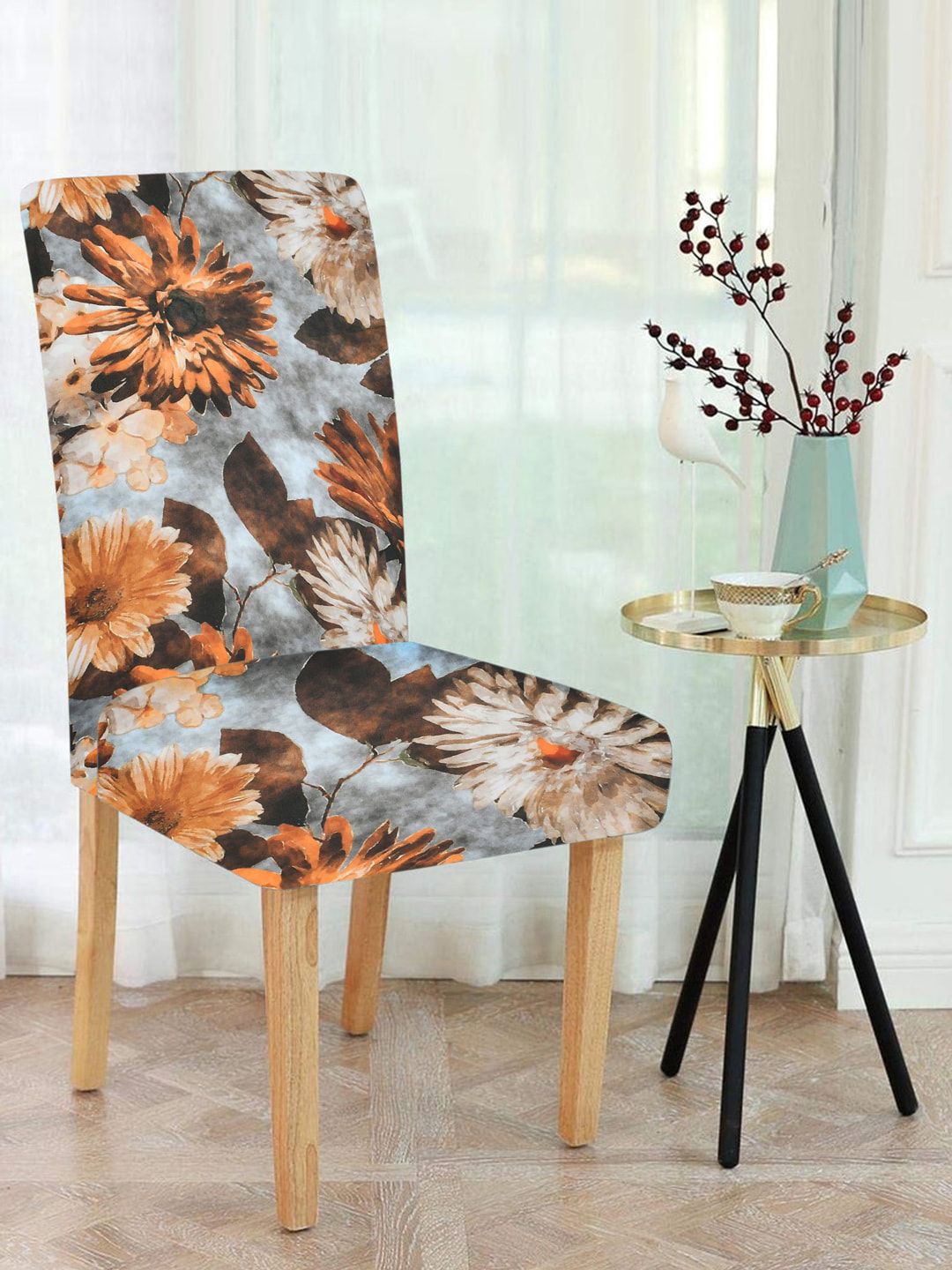 MULTITEX Set Of 6 Grey & Orange Printed Chair Covers Price in India