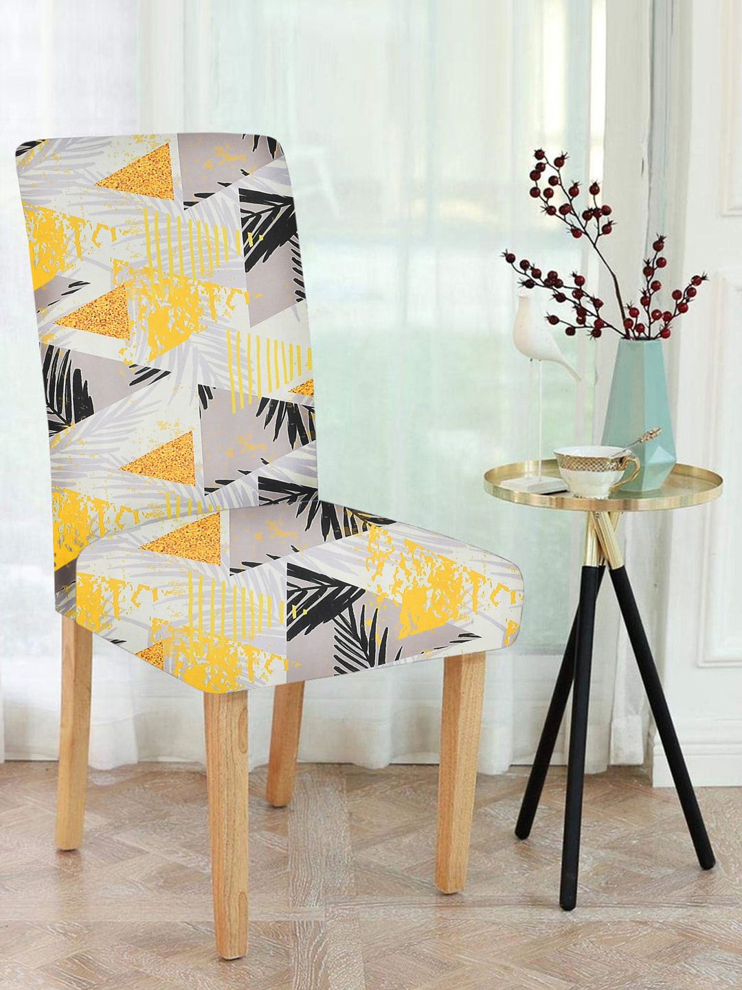 MULTITEX Set Of 6 White & Yellow Geometric Printed Chair Slip Covers Price in India