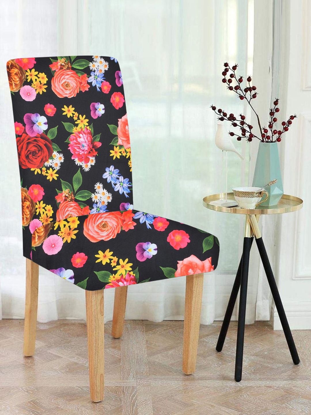MULTITEX Set Of 6 Black & Pink Printed Chair Covers Price in India