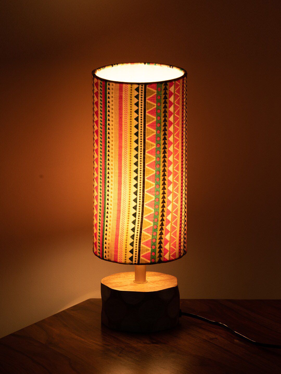 ExclusiveLane Multicoloured Printed Mango Wooden Cylindrical Table Lamp with Shade Price in India