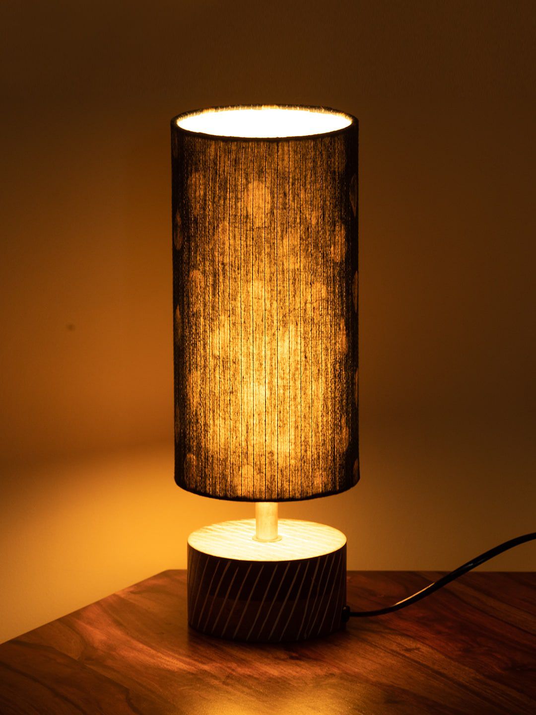 ExclusiveLane Navy Blue Printed Traditional Cylindrical Wooden Table Lamp Price in India
