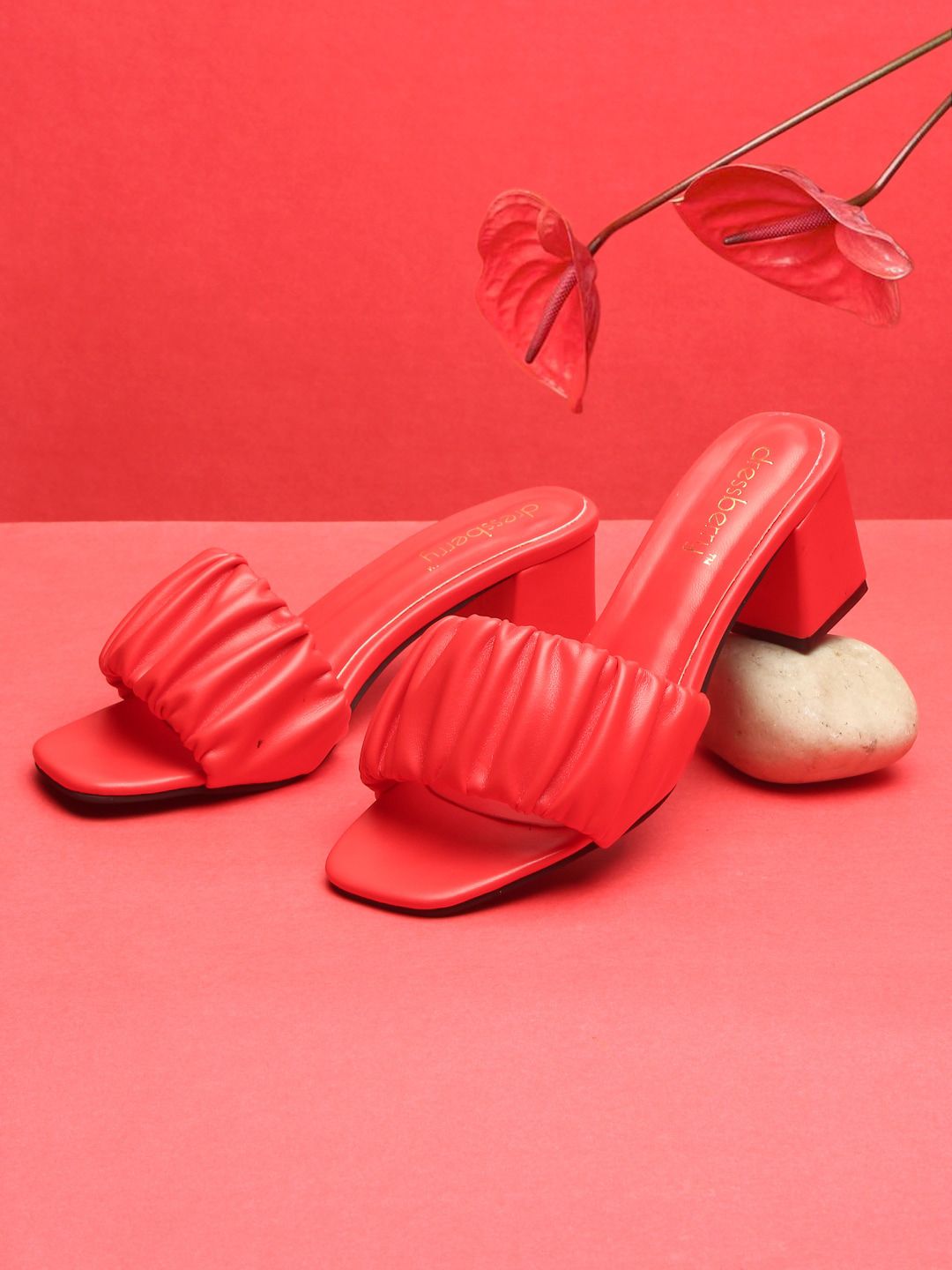DressBerry Red Textured PU Block Mules Price in India