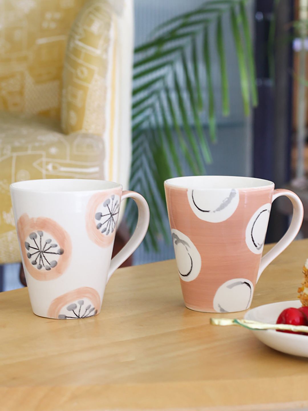 The Wishing Chair Pink & Cream-Coloured Printed Stoneware Matte Mugs Set Price in India