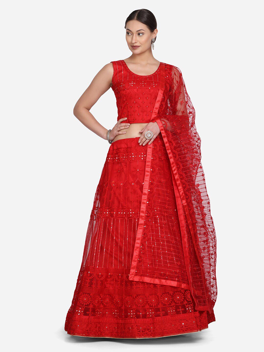 Warthy Ent Red Embroidered Semi-Stitched Lehenga & Unstitched Blouse With Dupatta Price in India