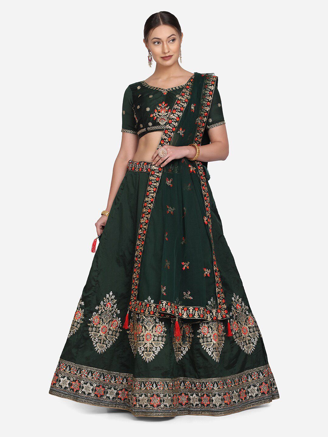 Warthy Ent Green Embroidered Semi-Stitched Lehenga & Unstitched Blouse With Dupatta Price in India