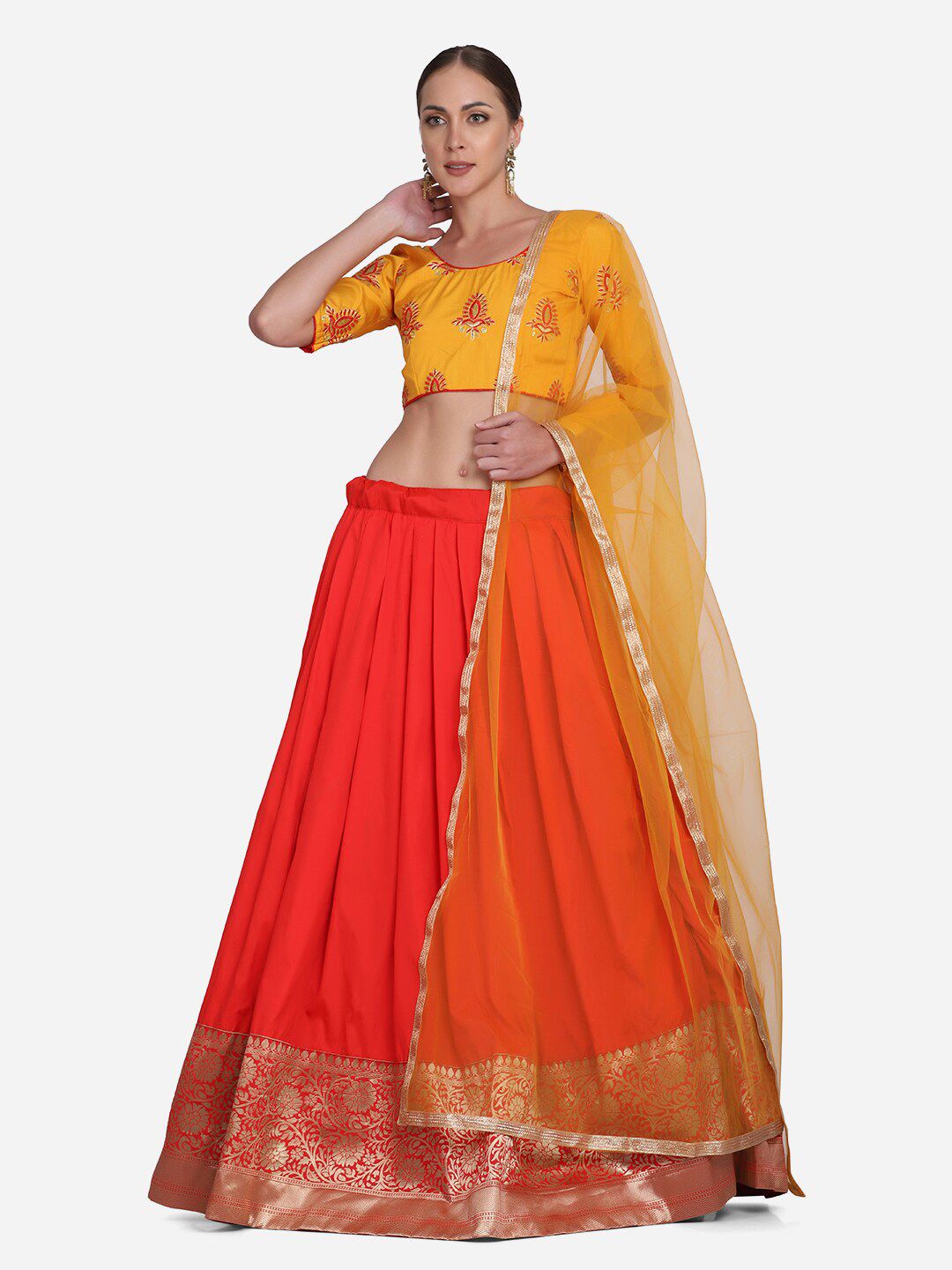 Warthy Ent Red & Orange Embroidered Semi-Stitched Lehenga & Unstitched Blouse With Dupatta Price in India