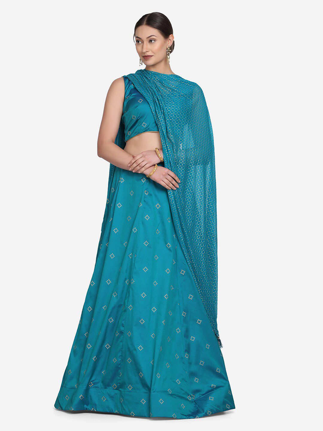 Warthy Ent Turquoise Blue Printed Foil Print Semi-Stitched Lehenga & Unstitched Blouse With Dupatta Price in India