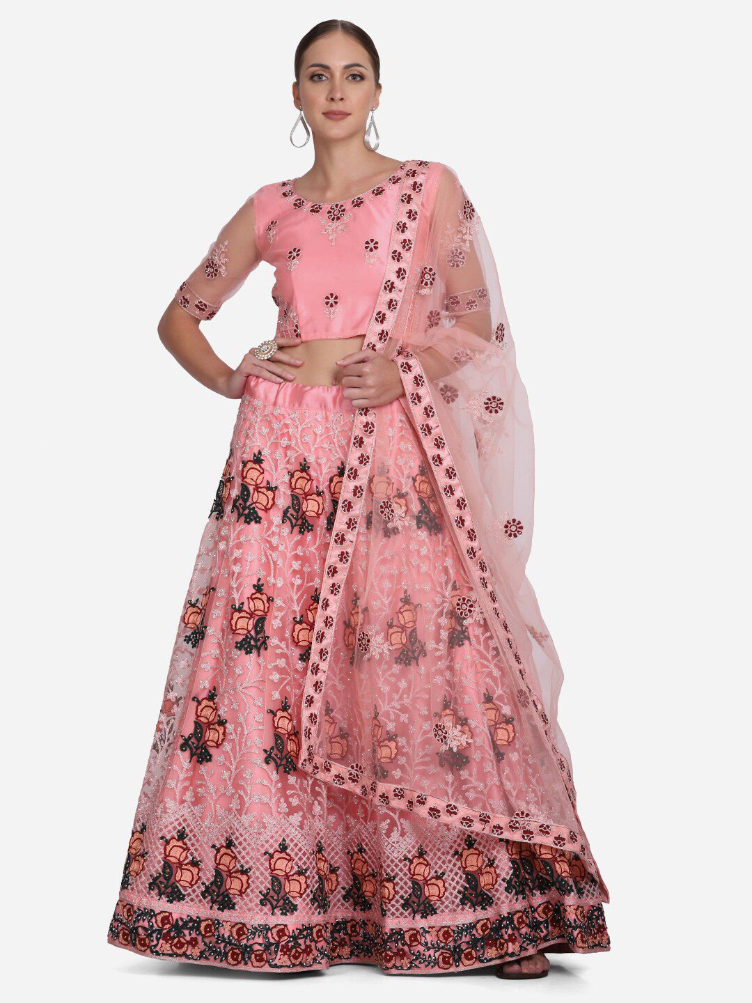 Warthy Ent Pink & Black Embroidered Thread Work Semi-Stitched Lehenga & Unstitched Blouse With Dupatta Price in India