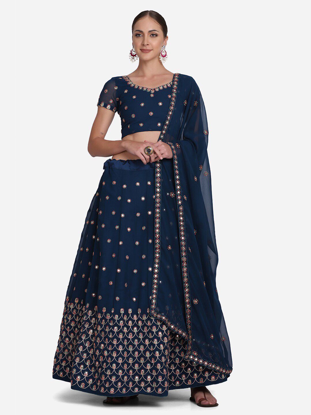 Warthy Ent Teal Blue & Golden Embroidered Semi-Stitched Lehenga Unstitched Blouse Dupatta Price in India