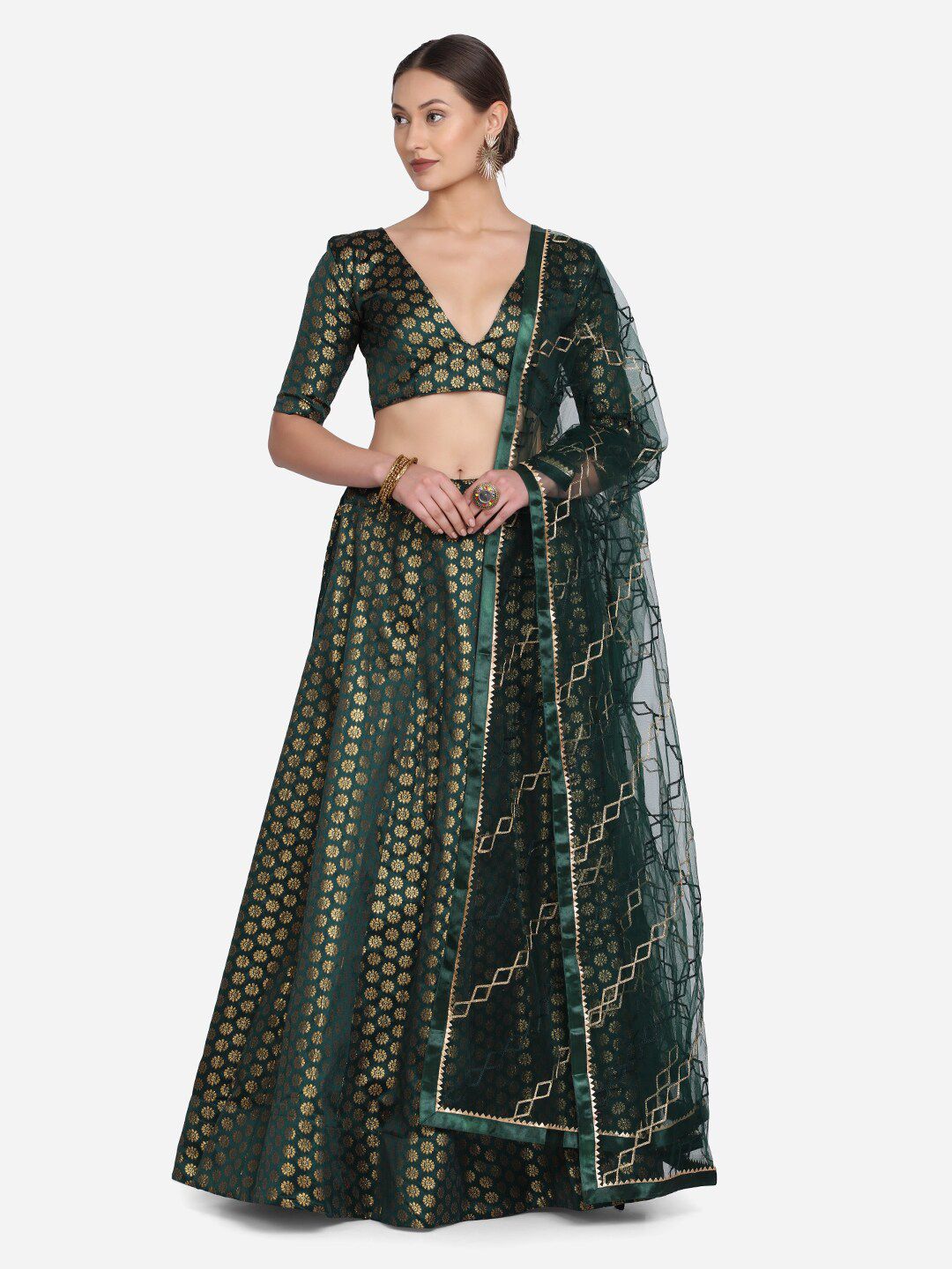 Warthy Ent Green & Gold-Toned Semi-Stitched Lehenga & Unstitched Blouse With Dupatta Price in India