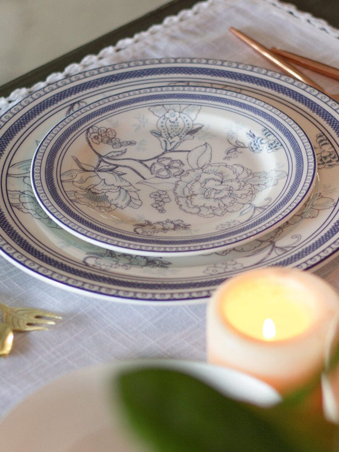 The Wishing Chair White & Blue Set of 6 Floral Printed Bone China Glossy Plates Set Price in India