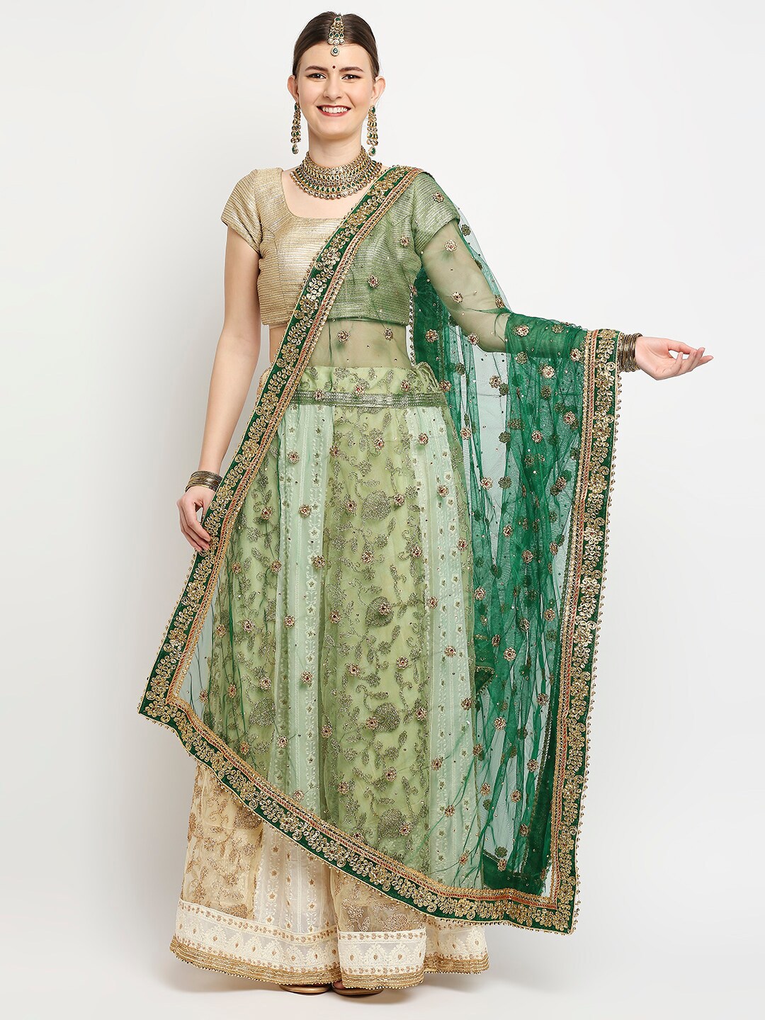 Dupatta Bazaar Green & Gold-Toned Ethnic Motifs Embroidered Dupatta with Thread Work Price in India