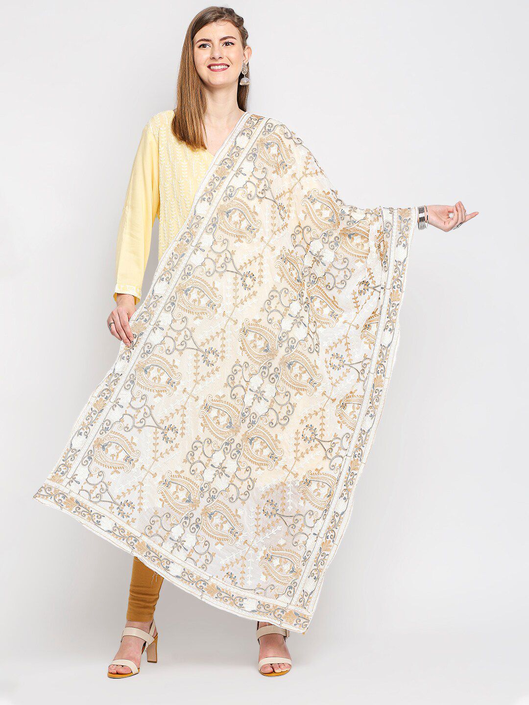 Dupatta Bazaar White & Brown Paisley Embroidered Dupatta Price in India