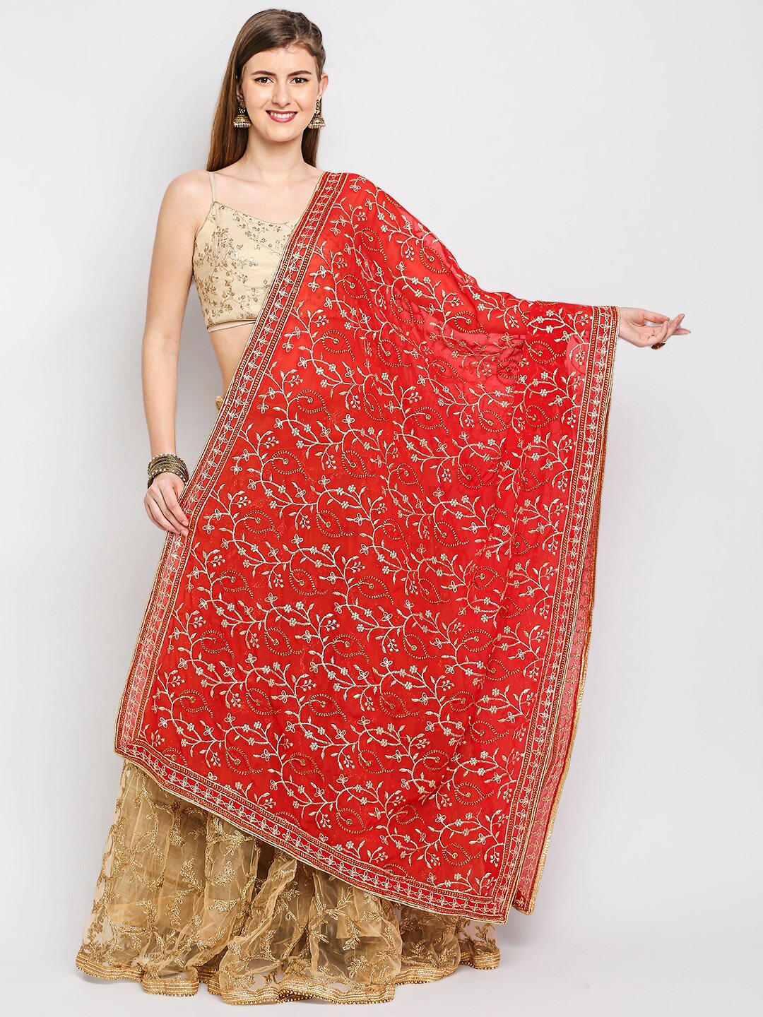 Dupatta Bazaar Red & Silver-Toned Paisley Embroidered Dupatta Price in India