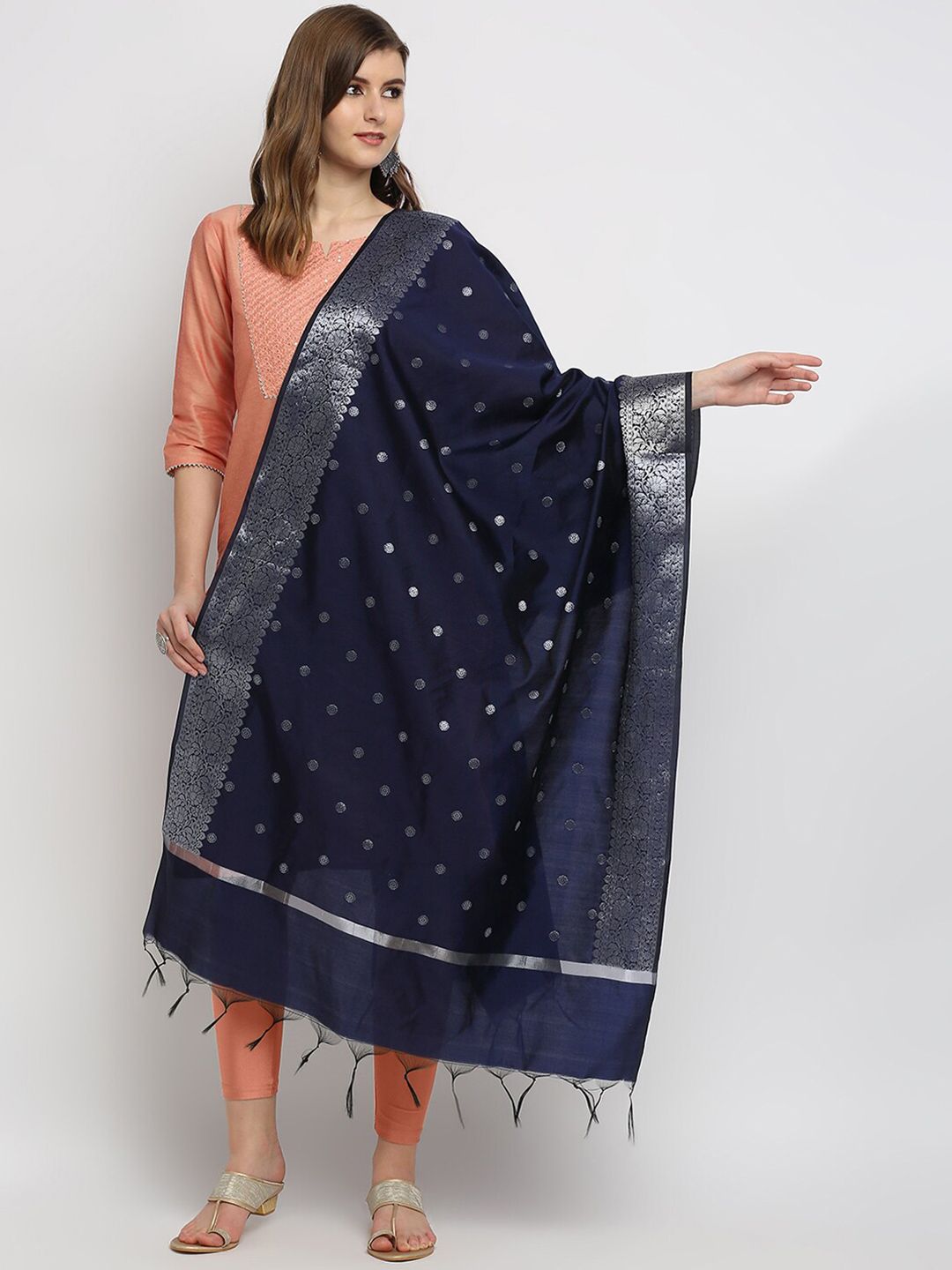 Dupatta Bazaar Women Navy Blue & Silver-Toned Woven Design Dupatta Price in India