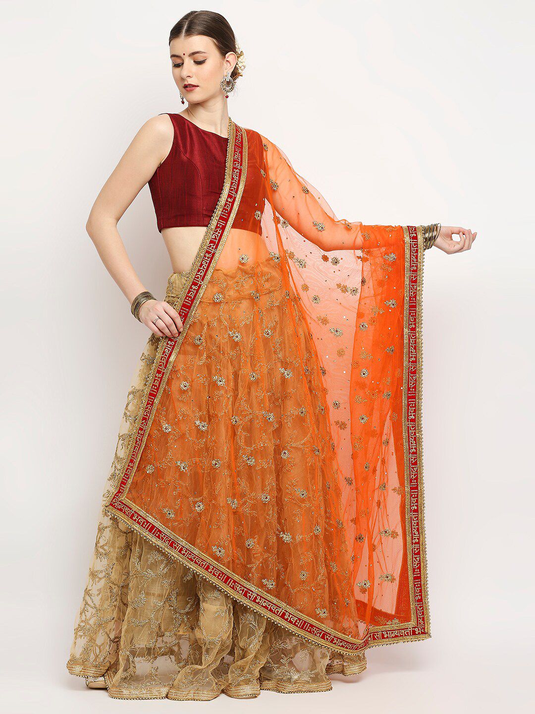 Dupatta Bazaar Orange Ethnic Motifs Embroidered Dupatta with Zardozi Price in India