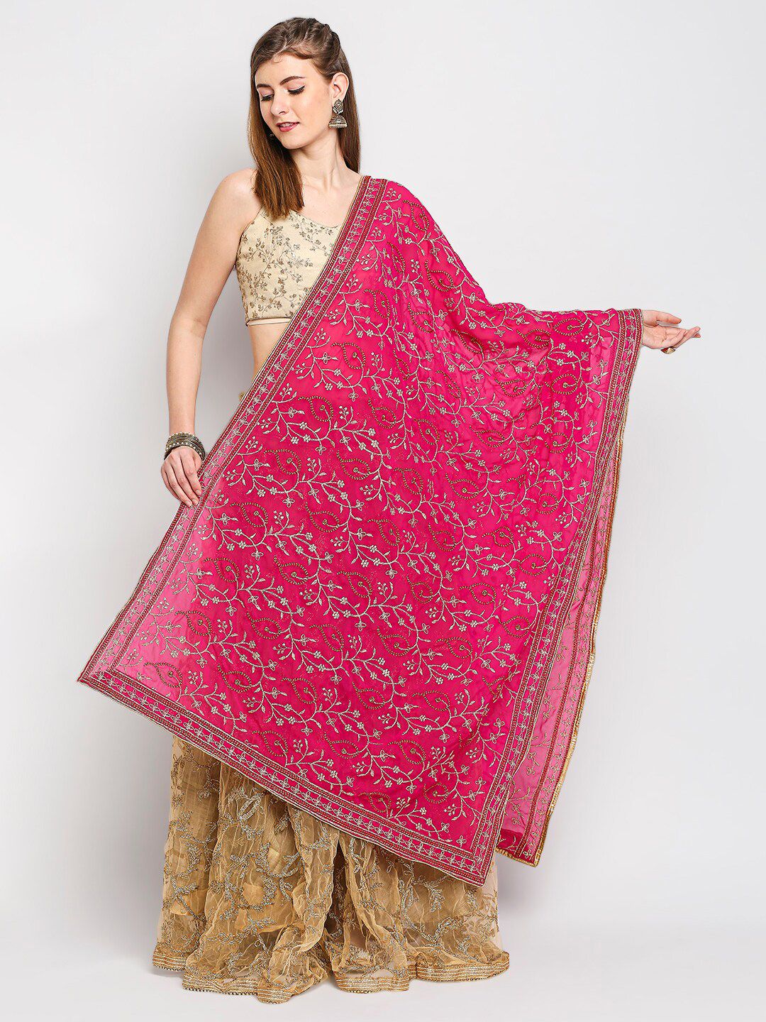 Dupatta Bazaar Fuchsia Ethnic Motifs Embroidered Dupatta Price in India