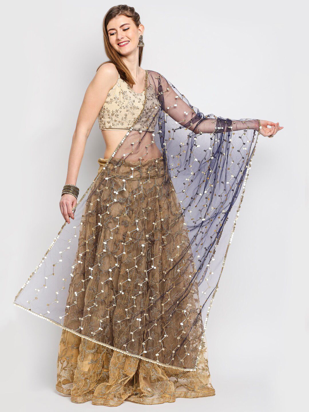Dupatta Bazaar Navy Blue & Gold-Toned Ethnic Motifs Embellished Dupatta with Sequinned Price in India