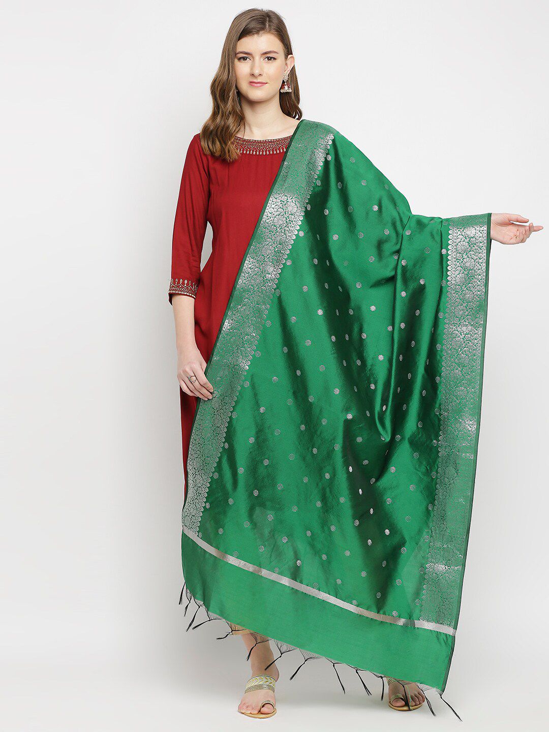 Dupatta Bazaar Women Green & Silver-Toned Woven Design Silk Blend Dupatta Price in India