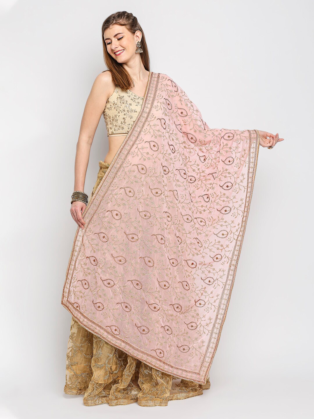 Dupatta Bazaar Pink & Brown Paisley EmbroideredGeorgette Dupatta Price in India