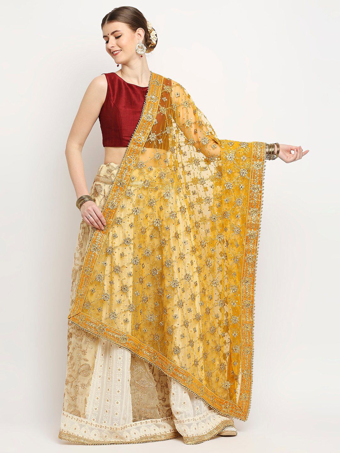 Dupatta Bazaar Mustard Ethnic Motifs Embroidered Dupatta with Zardozi Price in India