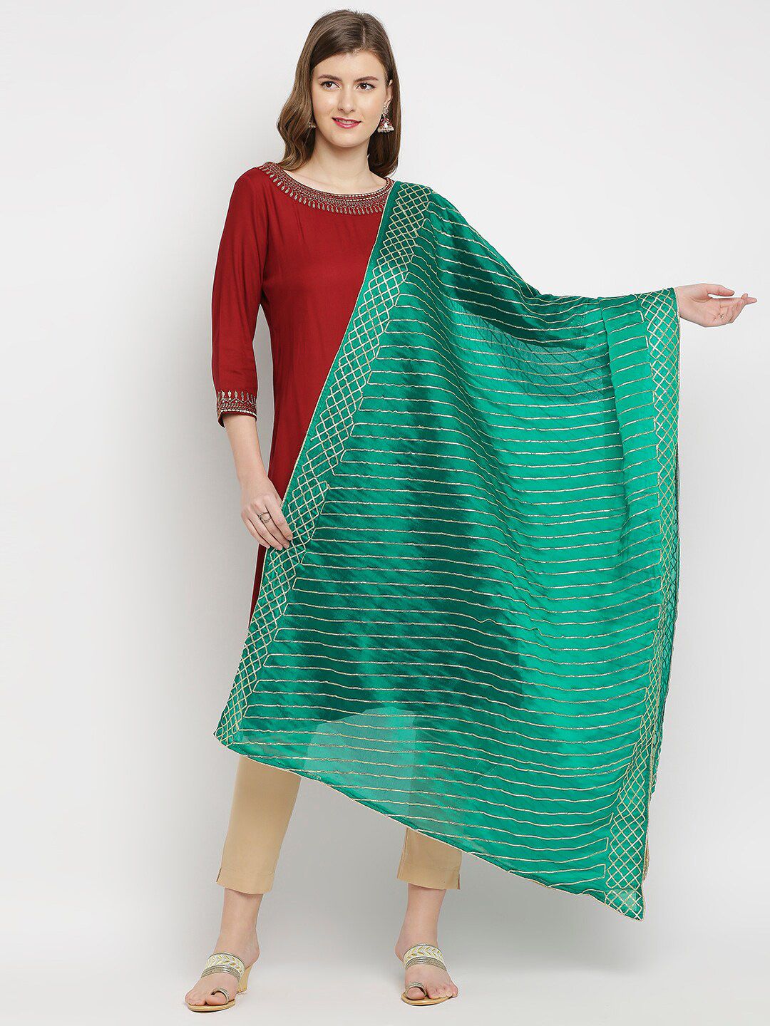 Dupatta Bazaar Green & Gold-Toned Striped Dupatta with Gotta Patti Price in India