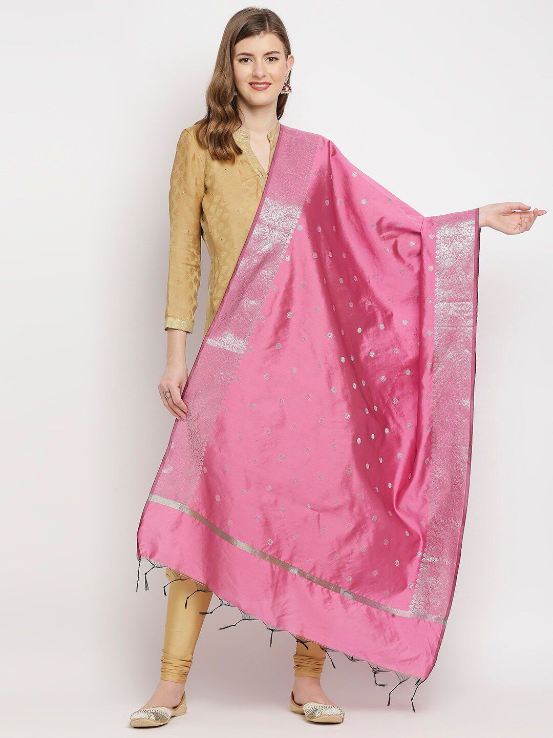 Dupatta Bazaar Pink & Silver-Toned Ethnic Motifs Woven Design Dupatta Price in India