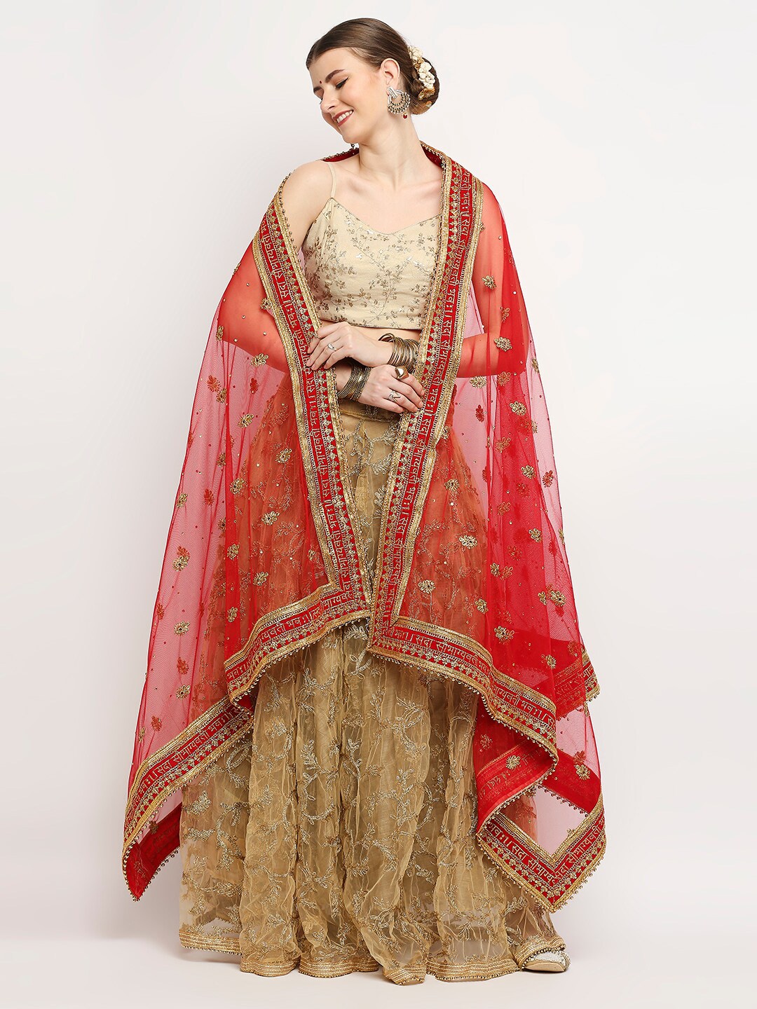 Dupatta Bazaar Red & Gold-Toned Ethnic Motifs Embroidered Dupatta with Beads and Stones Price in India